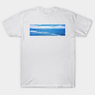Waves of the blue sea. Horizon and sky with clouds. Picture from photo T-Shirt